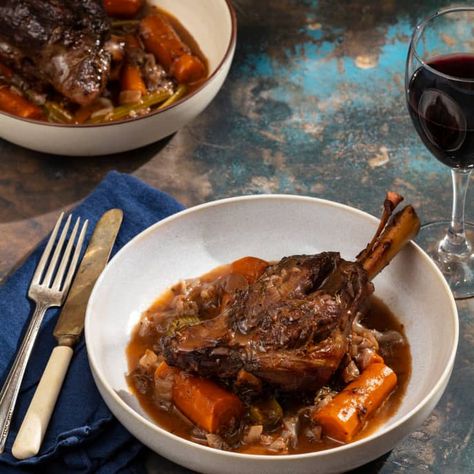 Lamb Shanks Braised in Red Wine with Herbes de Provence | America's Test Kitchen Recipe Plated Entrees, Braised Lamb Shanks Recipe, Lamb Shanks Recipe, Shanks Recipe, American Test Kitchen, Lamb Shank Recipe, Braised Lamb Shanks, Braised Lamb, Cooking App