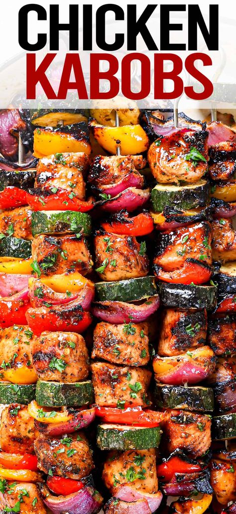 These Chicken Kabobs (Grilled or Baked) are marinated in my wildly popular, viral chicken marinade for the juiciest, most flavor bursting chicken skewers of your life – no dry, bland or boring chicken here! #recipeoftheday #recipeideas #recipesfordinner #dinner #dinnerrecipes #dinnerideas #dinnertime #grilling #kabobs #chickenkabobs #grilledchicken #healthychicken #healthyeating #healthylifestyle #grilledveggies #grilledvegetables #skewers #chickenskewers #chicken #chickenbreasts #chickenrecipes Chicken Brochettes Skewer Recipes, Chicken Kabob Seasoning, Kielbasa Kabobs, Chicken Kabobs In The Oven, Oven Chicken Kabobs, Chicken Kabobs On The Grill, Chicken Skewers Marinade, Kabobs In The Oven, Chicken Skewers Grilled