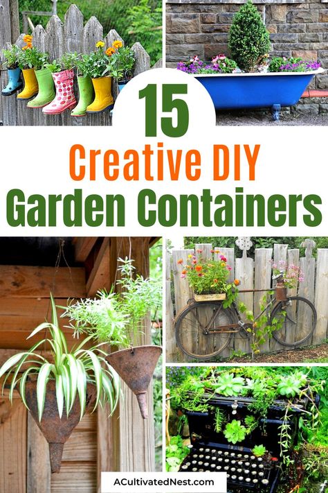 15 Creative DIY Garden Containers- Whether you're a seasoned gardener or a novice, you'll find something exciting to try from this roundup of creative DIY garden containers. Don't miss out on transforming your outdoor haven into a botanical wonderland! | #garden #upcycle #repurpose #diyIdeas #ACultivatedNest Diy Garden Planters Ideas, Upcycled Planter Ideas, Plant Pot Upcycle Ideas, Creative Garden Containers, Recycled Planters Upcycling, Repurposed Items For Planters, Diy Garden Containers, Recycled Planters Ideas, Diy Plant Containers