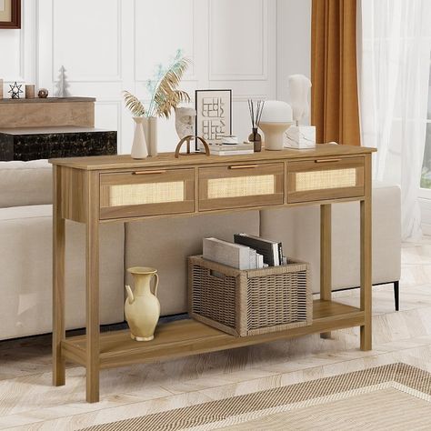 Amazon.com: LAZZO Rattan Console Table Boho Entryway Table Narrow Long Sofa Table Hallway Foyer Table Behind Couch Table with 3 Drawers and Open Storage Shelf for Living Room and Corridor Brown : Home & Kitchen Hallway Table Ideas, Neutral Entryway, Entrance Walkway, Long Entryway Table, Rattan Console Table, Rustic Hallway Table, Rattan Console, Entryway Table With Storage, Boho Entryway