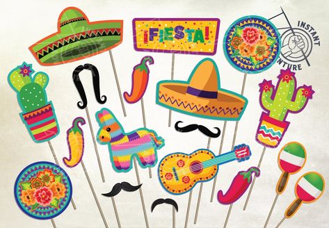 Fiesta Photo Booth Props Digital Download Printable Party Fiesta Photo Booth Props, Fiesta Mexicana Ideas, Mexican Fiesta Party Decorations, Fiesta Photo Booth, Taco Birthday, Diy Fotokabine, Fiesta Party Supplies, Mexican Fiesta Party, Party Fotos