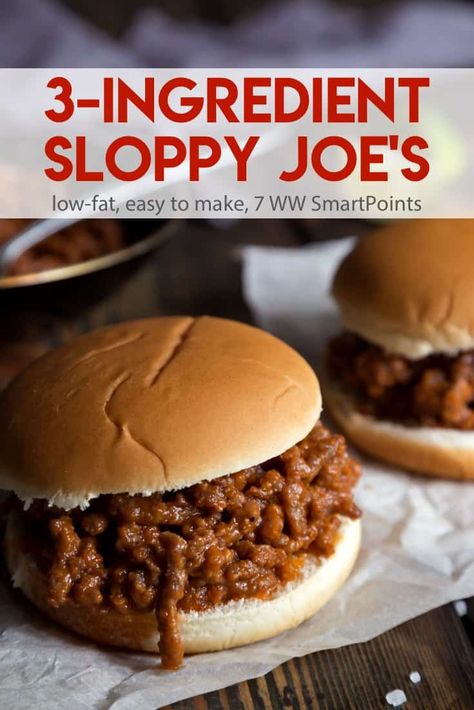 Simple and delicious, these 3-Ingredient Sloppy Joe's are a family-favorite weeknight meal with just 282 calories and 7 WW Freestyle SmartPoints! #3ingredientsloppyjoes #sloppyjoes  via @marthamckinnon Ww Sloppy Joes Weight Watcher Recipes, Weight Watchers Sloppy Joes, Ww Sandwiches, Healthy Sloppy Joe Recipe, Healthy Sloppy Joes, Recipes Hamburger, Ww Dinner, Sloppy Joe Recipe, Joe Recipe