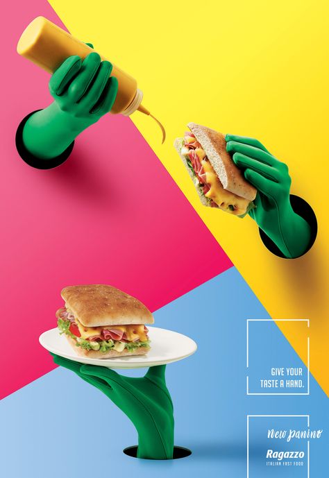 Ragazzo: New Paninos: Give your taste a hand. - Advertising - Poster, Ad, Geometric Shapes, Hands, Gloves, Food, Bread, Bright Colors, Magenta, Cyaan, Yellow, Pink, Blue, Minimal Typography Hand Advertising, Food Advertising Poster, Colorful Ads, Colorful Advertising, 3d Tipografi, Hand Poster, Selamat Hari Valentine, Menue Design, Minimal Typography