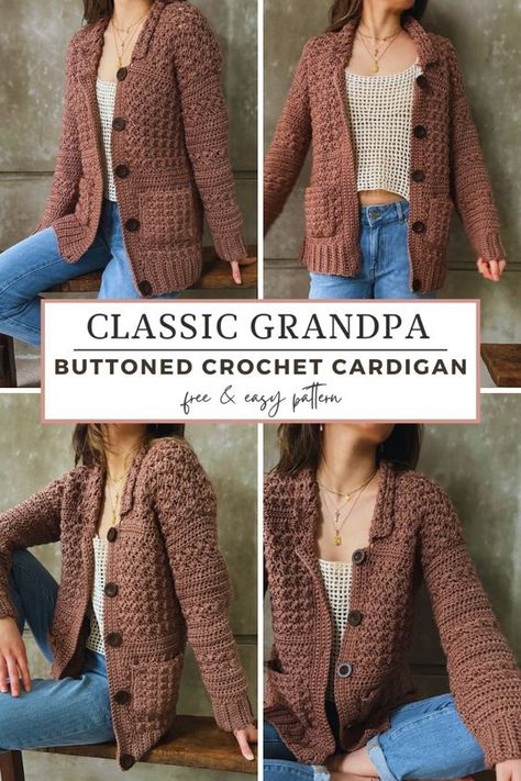 Make your own beautiful crocheted cardigans with this free crochet pattern from Kiks + Jack Crochet. Crochet this easy cardigan coat with this DIY crochet pattern that is beginner friendly, made to measure & size inclusive. On trend with the grandpa style grandpa core vintage style, this is your classic brown buttoned cardigan that you will wear with everything! DIY your own eclectic clothing style. Click on the photo to access this free crochet pattern.  Optional pockets. Crochet Shacket Pattern, Crochet Cardigan Pattern Free Men, Crochet Cardigan Buttons, Fall Crochet Cardigan Pattern Free, Crochet Cardigan With Pockets, Crochet Cardigan With Buttons, Free Pattern Crochet Cardigan, Crochet Ideas For Dad, Winter Crochet Clothes