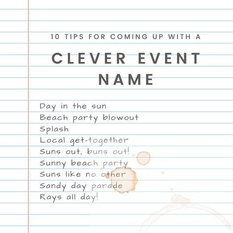 Creative or catchy event names can influence the overall success and attendance rate of an event.  A good name can attract more people, gain decent shares across social media, and even become a trademark in the future. But it takes quite a time to come up with something original yet representative. Event Planner Business Name Ideas, Event Name Ideas, Company Name Generator, Design Company Names, Event Planning Logo, Computer Projects, Easter Event, Event Room, Event Planning Tips