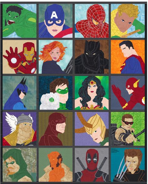 Fandom In Stitches: Super Heroes Final Quilt Layout by Misha29 Paper Pieced and Embroidered Free from fandominstitches.com Free for personal and non-profit use only Alice In Wonderland Quilt, Marvel Quilt, Superhero Quilt, Healing Factor, Baby Dory, Paper Quilting, Disney Quilt, Movie Ideas, Foundation Paper Piecing Patterns