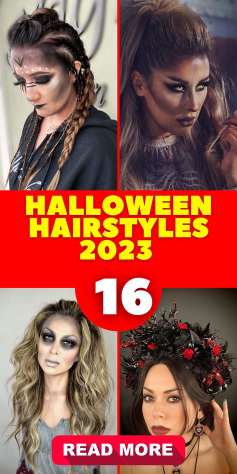 Halloween hairstyles 2023 are all about embracing the spooky season with easy and creative hair ideas suitable for both short hair and long, curly locks. Whether you're getting ready for school, work, or a night of Halloween festivities, our simple hairstyles will help you achieve the perfect look. Transform into a pirate, angel, fairy, vampire, or cat with hairstyles that are fun and spooky. Dive into the spirit with ghost buns Vampire Halloween Hairstyles, Haunted House Hairstyles, Gothic Half Up Half Down Hair, Witch Hairstyles Halloween Easy, Zombie Hair And Makeup, Halloween Hair Styles For Women, Curly Hair Costumes, Vampire Hairstyles Halloween, Vampire Hair Styles