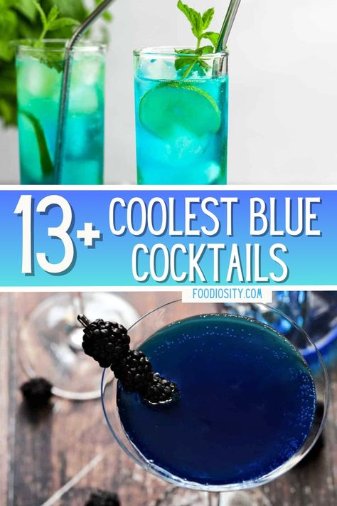 Explore this list of vibrant blue cocktails, and pick out your favorite for the upcoming warm season. Dark Blue Cocktails Drink, Dark Blue Alcoholic Drinks, Blueberry Lemondrop Cocktail, Blue Cocktails For A Crowd, Blue Batch Cocktails, Police Themed Alcoholic Drinks, Dark Blue Cocktails, Blue Shots Alcohol, Blue Tequila Drinks