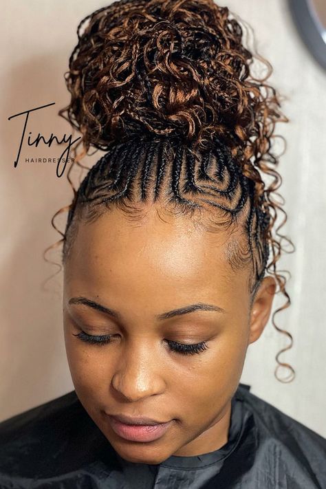 Tribal Braids Cornrows Braids Updo Ponytail, Hair Styles Straight Up, Fishtail Rasta Hairstyles With Braids, Cornrow High Bun, Stitch Braids Into Low Bun With Curls, Feed In Braids Cornrows Updo, Up Do Cornrow Hairstyles, Straight Up Hairstyles For Black Women, Straight Back With Braids At The Back