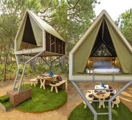 This Elevated Mini Cabin Creates a Covered Shelter Area Below It Mini Cabins, Mini Cabin, Tenda Camping, Tree Tent, Camping Shelters, House Tent, Tree House Diy, Tree House Designs, Unique Gadgets