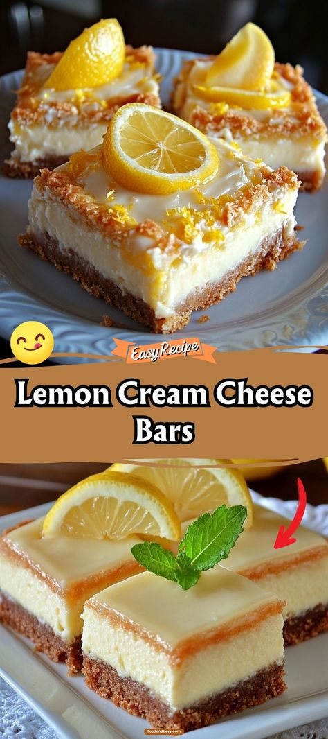 Brighten your day with these tangy Lemon Cream Cheese Bars. A zesty lemon layer sits atop a smooth cream cheese filling, all on a buttery crust—pure sunshine in every bite. #LemonDelight #CreamCheeseBars #CitrusTreats Lemon Cream Bars, Lemon Cream Cheese Bars Recipe, Lemon Desserts Bars, Cookie Dough Crust, Lemon Cream Cheese Bars, 3 Ingredient Cakes, Cheese Bars, Kentucky Butter Cake, Cream Cheese Bars