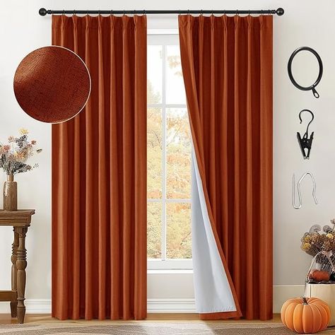 Amazon.com: MIULEE Burnt Orange Pinch Pleated 100% Blackout Linen Curtains for Bedroom, Room Darkening Rust Terracotta Fall Curtains 84 inches Long for Living Room, Black Out Pleat Drapes with Pin Hooks, 2 Panels : Home & Kitchen Orange Curtains Living Room, Burnt Orange Curtains, Burnt Orange Living Room, Fall Curtains, Orange Curtains, Linen Blackout Curtains, Drapes For Bedroom, Pleat Curtains, Pleated Drapes