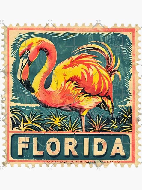 "Vintage Florida Flamingo Stamp Design" Sticker for Sale by tiigerdad | Redbubble Florida Flamingo, Vintage Flamingo, Yearbook Themes, Vintage Postage Stamps, Travel Stickers, Vintage Postage, Vintage Florida, Design Sticker, Vintage Stamps