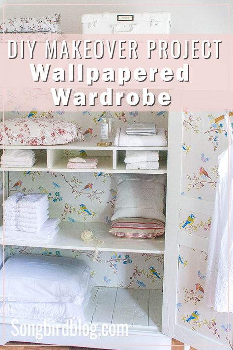 Closet Makeover Wallpaper, Wardrobe With Wallpaper, Old Wardrobe Makeover, Old Wardrobe, Home Decor Dyi, White Table Settings, Dining Table Makeover, Painted Wardrobe, Green Cottage