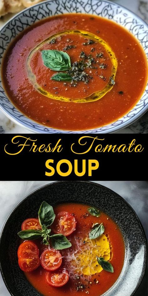 🍅 Fresh Tomato Soup Recipe - Comfort in Every Spoonful! 🍅 Warm up with this delicious homemade Fresh Tomato Soup that’s rich in flavor, packed with vitamins, and easy to make! ⏰ Prep Time: 10 mins | Cook Time: 20 mins Save this Pin to make it later! Let us know if you love it by leaving a comment below. 💬 #SoupSeason #TomatoSoup #EasyRecipes #ComfortFood #HomemadeSoup #HealthyEating #FallRecipes #QuickDinner Fresh Tomatoe Soup Recipe, Tomatoe Soup Homemade Fresh Tomatoes, Tomato Based Soups, Vegetarian Tomato Soup, Fall Soups And Stews, Fresh Tomato Soup, Homemade Tomato Soup, Fresh Tomato Recipes, Tomato Soup Homemade