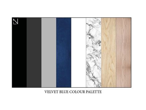 Grey Blue Wood Living Room, Black Grey Blue Kitchen Decor, Blue Black Wood Living Room, Blue And Wood Colour Palette, Blue Velvet Color Palette, Black White Grey Navy Color Schemes, Black Blue Colour Palette, Wood Colour Palette, Marble Color Palette