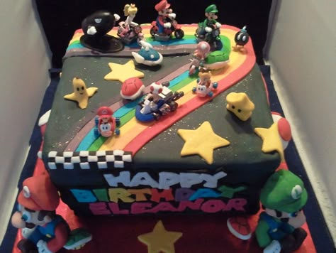 Mario Kart Rainbow Road, Cake Mario, Mario Kart Cake, 7th Birthday Cake, Mario Brothers Birthday Party, Mario Birthday Cake, Mario Bros Cake, Super Mario Bros Birthday Party, Peanuts Birthday