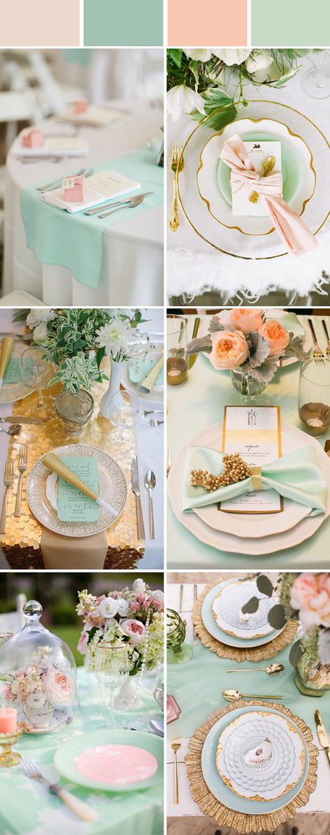 elegant peach and mint wedding table setting ideas Peach And Mint Wedding, Table Settings Ideas, Wedding Table Pink, Wedding Table Setting, Elegant Wedding Centerpiece, Wedding Mint Green, Table Setting Decor, Elegant Table Settings, Setting Ideas