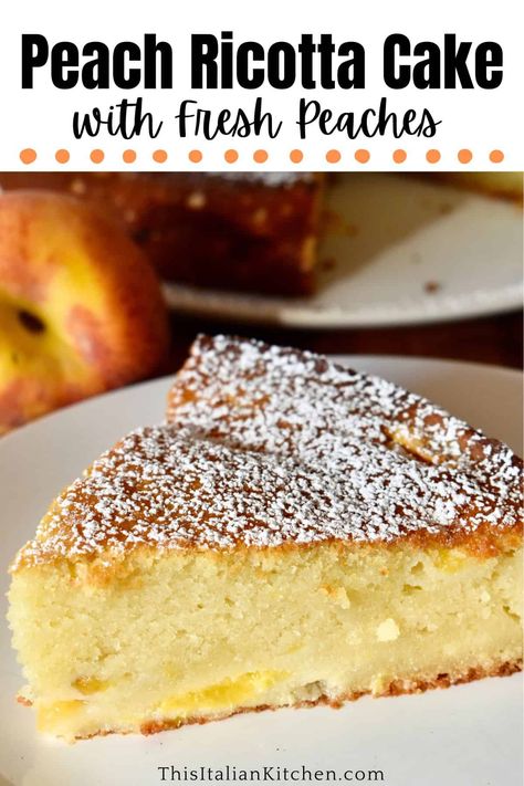 Classic Italian recipe for Peach Ricotta Cake is a delicious and moist cake that's perfect for using up your fresh ripe peaches. This one bowl recipe is simple to make and perfect for a light dessert or midday treat! Peach Ricotta, Ricotta Dessert, Ricotta Cake Recipes, Fresh Peach Recipes, Light Dessert, Peach Dessert Recipes, Italian Recipes Dessert, Ricotta Recipes, Ricotta Cake