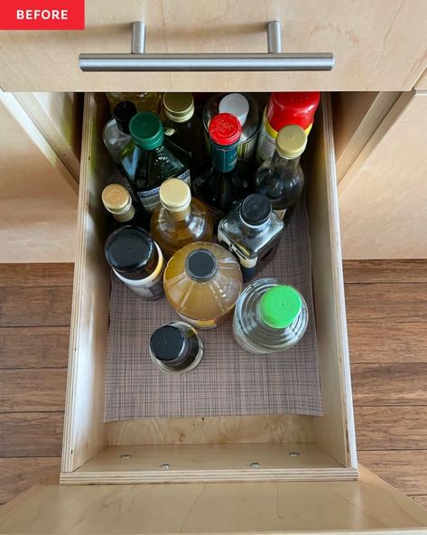 B&A: Small Kitchen Organizing Makeover for Under $1,000 | Apartment Therapy Oil And Vinegar Bottles, Pro Organizer, Spice Drawer, Small Kitchen Organization, Small Town Life, Small Space Organization, Oil Storage, Kitchen Drawer, Community Organizing