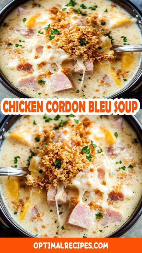 Craving a cozy dinner idea? This Chicken Cordon Bleu Soup is everything you love about the classic dish, but in a warm, creamy bowl of comfort! Loaded with tender chicken, ham, melty cheese, and a dash of Dijon mustard, it's the perfect recipe to keep you cozy on chilly nights. 🍲✨ Whether you’re meal prepping or cooking for a crowd, this soup is sure to be a hit. Save it now for your next weeknight dinner—quick, easy, and totally delicious! 😍 #comfortfood #souprecipe #chickencordonbleu #easymeals #dinnertime Fall Crock Pot Recipes Dinner, Ham And Cheese Soup Recipes, Chicken Cordon Blue Soup Crock Pot, Fall And Winter Meals, Shredded Chicken Recipes Soup, Chicken Cordon Bleu Soup Crockpot, Thick Chicken Soup, Creamy Ham Bone Soup Recipes, Recipes That Use Ham