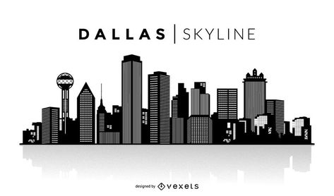 Dallas skyline silhouette design. You can see the most important buildings and it also says Dallas Skyline over the silhouette. Dallas Skyline Tattoo Ideas, Dallas Skyline Painting, Dallas Skyline Tattoo, Skyline Tattoo, Vector Background Graphics, Dallas Cowboys Images, Dallas City, State Wall Art, Dallas Skyline