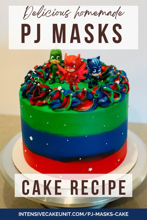 PJ Masks Cake with red, green, and blue frosting and character toppers Pjmasks Birthday Party Ideas Boy, Pj Mask Cake Ideas, Pj Masks Birthday Party Ideas, Pj Mask Birthday Party, Pj Mask Cake, Birthday Cake For Kids, Pj Masks Birthday Cake, Spidey Birthday, Cake For Kids