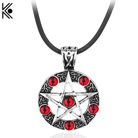 Supernatural Necklace, Wiccan Necklace, Pentagram Necklace, Pentagram Pendant, Star Necklace Silver, Supernatural Dean, Pagan Jewelry, Amulet Necklace, Red And Silver