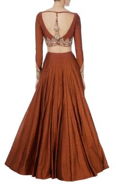 Rust brown embellished lehenga set Rust Lengha, Brown Lehenga Chocolate, Brown Lengha, Rust Colour Lehenga, Rust Lehenga, Burnt Orange Lehenga, Rust Orange Lehenga, Velvet Blouse Design, Indian Dress