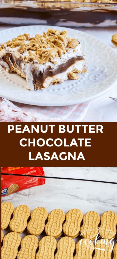 Peanut Butter Chocolate Lasagna. Dreamy and easy Peanut Butter Lasagna has all the dessert flavors you need! A Nutter Butter crust, sweet cream cheese filling, and chocolate pudding are all kinds of perfection. via @Mooreorlesscook Chocolate Nutter Butter Icebox Cake, Chocolate Peanut Butter Lasagna Recipe, Different Kinds Of Lasagna, Peanut Butter Lasagna Nutter Butter, Nutter Butter Lasagna, Nutter Butter Icebox Cake, Nutter Butter Lasagna Desserts, Peanut Butter Lasagna Desserts, Peanut Butter Chocolate Lasagna