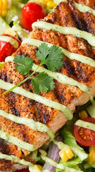 Mexican Grilled Salmon Salad Greek Yogurt Ranch Dressing, Grilled Salmon Salad, Yogurt Ranch, Yogurt Ranch Dressing, Greek Yogurt Ranch, Avocado Ranch Dressing, Grilled Salmon Recipes, Avocado Ranch, Salad With Avocado