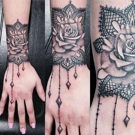 Rose Lace Design Tattoo                                                                                                                                                      More Tattoos With Roses, Lace Rose Tattoos, Lace Flower Tattoos, Arm Cuff Tattoo, Tattoos For Women On Thigh, Lace Tattoos, Lace Tattoo Design, Cuff Tattoo, Shape Tattoo