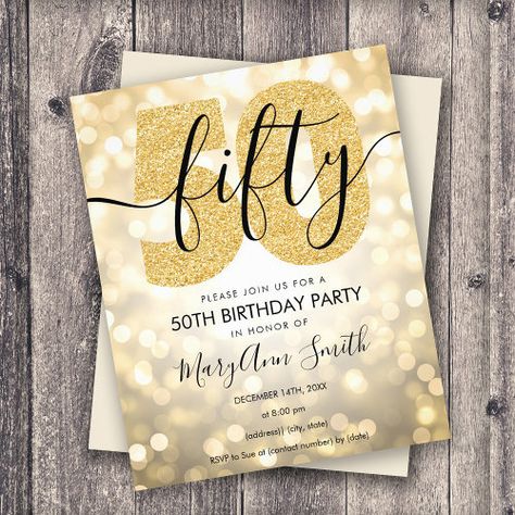 $0.45 | Elegant Modern Gold 50th Birthday Party Invite #glitter, birthday, elegant, modern, surprise, lights, fifty, fiftieth, 50th birthday, gold