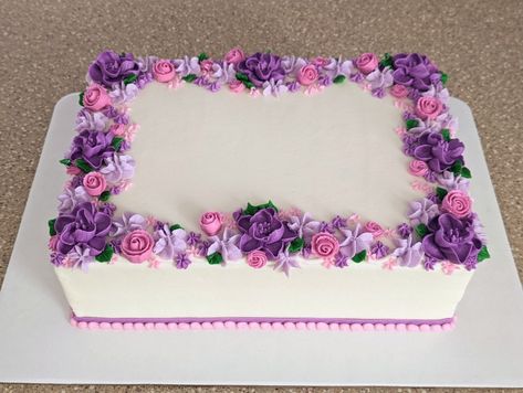 Birthday Cake For Women Rectangle, Flower Rectangle Cake, Purple Floral Cake Design, Flower Birthday Sheet Cake, Purple Birthday Cake Rectangle, Purple Sheet Cakes, Sheet Cake With Rosettes, Beautiful Sheet Cakes Birthday, Sheet Cake With Fresh Flowers