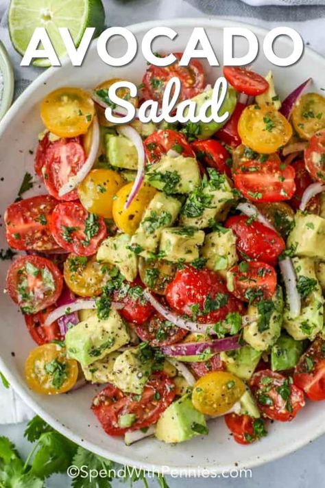 A creamy avocado salad is filled with healthy fats and packed with nutrients. With tomatoes, avocados, red onions, and cilantro topped with a tangy dressing, it is a fresh summer treat! #spendwithpennies #avocadosalad #sidedish #maincourse #healthyrecipe Tomato Avocado Salad, Cucumber Avocado Salad, Tomato Avocado, Avocado Tomato Salad, Avocado Salad Recipes, Avocado Tomato, Red Onions, Fresh Summer, Avocado Recipes