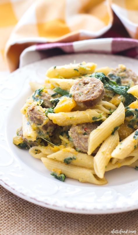 Butternut Squash, Spinach, & Sausage Penne Sausage Penne Pasta, Easy Fall Dinner, Easy Fall Dinner Recipes, Spinach Sausage, Sausage Penne, Butternut Squash Spinach, Penne Recipes, Easy Fall Dinners, Mild Italian Sausage