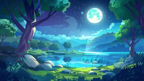 Forest with lake at night modern background Beautiful nature woods and pond landscape for fantasy outdoor game environment illustration Swamp in valley with hill under full moon | Premium AI-generated image Forest Background, Pond Landscaping, Game Environment, Swan Lake, Outdoor Games, Full Moon, Fantasy Landscape, Beautiful Nature, Forest