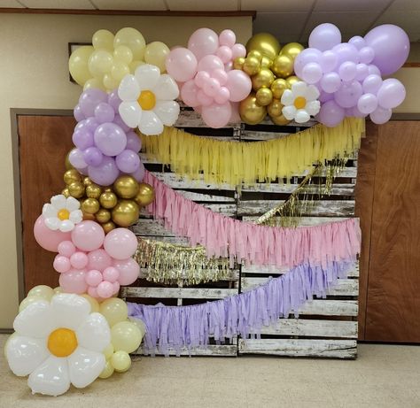 Pink Purple Yellow Birthday Party, Daisy Balloon Arch, Yellow And Purple Balloon Garland, Yellow And Purple Backdrop, Pastel Pink And Yellow Balloon Garland, Daisy Backdrop, Purple Pink Yellow Balloon Arch, Yellow Birthday Party, Tassel Backdrop