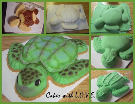 Sea Turtle Cake This was made with a 12" round cake and a small sheet pan for the head and legs. Sea Turtle Cake, Turtle Birthday Cake, Turtle Birthday Parties, Turtle Cake, Turtle Birthday, 3d Cakes, Animal Cakes, Cake Pan, Cake Tutorial