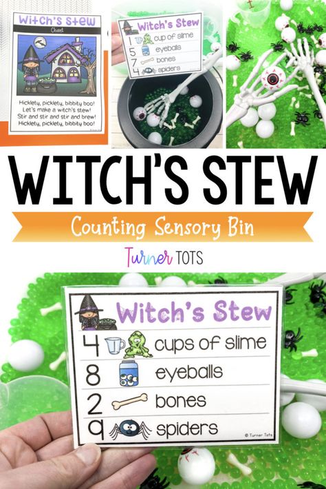 Halloween Center Ideas Preschool, Halloween Sensory Table Preschool, Eyeball Sensory Bin, Witches Cauldron Craft Preschool, Witch Theme Preschool Activities, Witches Brew Activity For Kids, Witch Activities For Toddlers, Witches Brew Sensory Bin, Witch Preschool Activities