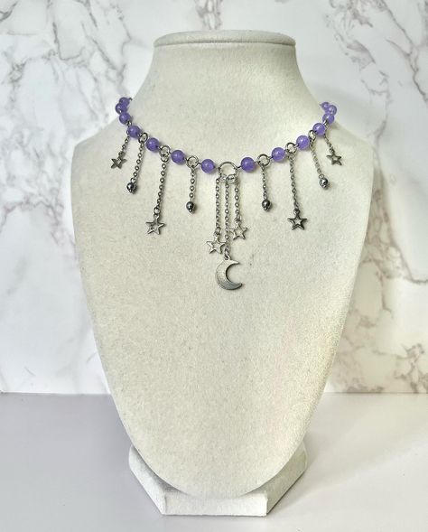 ‘Mystic’ Necklace 🌙 made with purple stone beads, stainless steel charms, and stainless steel findings 35cm + 7cm extension chain #jewelry #necklace #handmade #moon #stars #etsy Mystical Necklace, Purple Stones, Moon Stars, Chain Jewelry, Beaded Necklaces, Creative Life, Necklace Handmade, Jewelry Necklace, Stone Beads