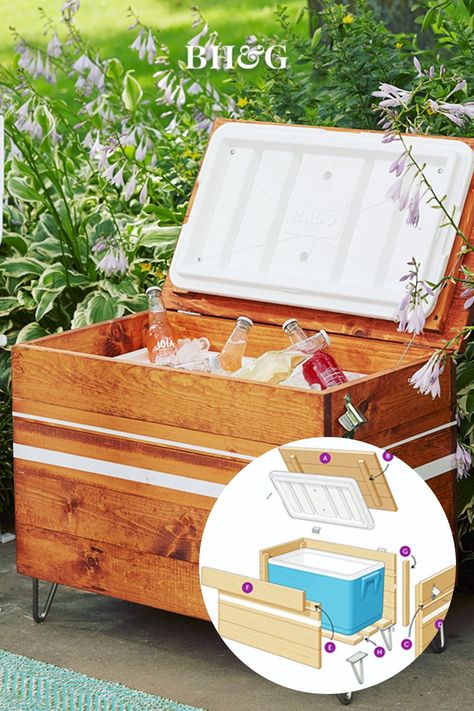 This outdoor cooler DIY makes outdoor entertaining a breeze. #outdoorcoolerdiy #diywoodencooler #outdoordiy #woodworkingprojects #bhg Diy Cooler Table, Outdoor Cooler Diy, Cooler Hacks, Redesigned Furniture, Wedding Coolers, Diy Cooler, Diy Cabinet, Canoe Building, Outdoor Cooler