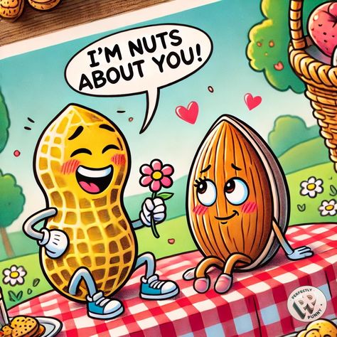 When love is totally nuts... and a little almond joy! 💕🌳  #NutsAboutYou #NuttyLove #PunIntended #SnackableRomance #FoodieLove #RomanticLaughs #PeanutAndAlmond #PicnicVibes #LoveIsInTheAir  #PerfectlyPunny #Funny #Comics #Humor #Comedy #Jokes Snack Humor, Comedy Jokes, Food Puns, Almond Joy, Funny Puns, Love Is In The Air, Funny Humor, About Love, Funny Comics