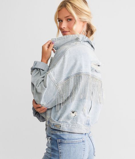 Blue B Rhinestone Fringe Denim Jacket - Women's Coats/Jackets in Light Blue | Buckle Fringe Denim Jacket, Denim Fringe, Rhinestone Fringe, Flannel Women, Jeans Diy, Fringe Jacket, Jacket For Women, Denim Jacket Women, Women's Coats & Jackets