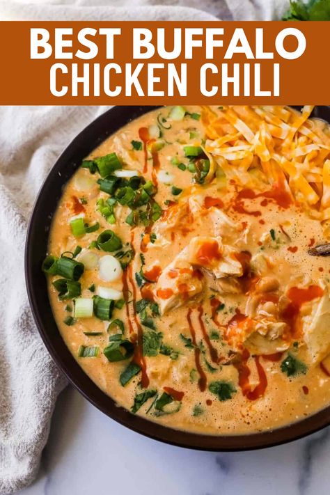 This Creamy Buffalo Chicken Chili is the perfect twist on a white chicken chili recipe. It is perfectly spiced, creamy, and has the right amount of tang. This will be your new favorite Buffalo white chicken chili recipe! Buffalo White Chicken Chili, Buffalo Chicken Chilli, Buffalo Chicken Chili Recipe, Gf Lunch, Chicken Chili Soup, Creamy Buffalo Chicken, Buffalo Chicken Chili, Buffalo Chicken Soup, White Chicken Chili Recipe