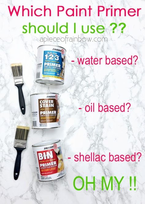 Do I need paint primer? Which one is best? We tested shellac vs water vs oil based painting primers (Zinsser 123, Cover Stain & BIN primer), click to see the winner!– A Piece of Rainbow #diy #paint #furniture #farmhouse paint furniture, farmhouse décor, wood, wall, remodel, tips, #homedecor #homedecorideas #diyhomedecor #kitchenideas #kitchenremodel Primer For Laminate Furniture, Best Primer For Laminate Furniture, Zinsser 123 Primer, Diy Paint Furniture, Bin Primer, Wall Remodel, Wall Primer, Wood Primer, Water Based Primer