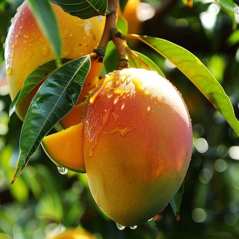 Photo a mango with mango leaves have wat... | Premium Photo #Freepik #photo Mango Float Aesthetic, Mangoes Aesthetic, Mango Aesthetic Fruit, Mango Picture, Mango Aesthetic, Mango Photo, Mango Float, Yellow Mango, Mango Leaves