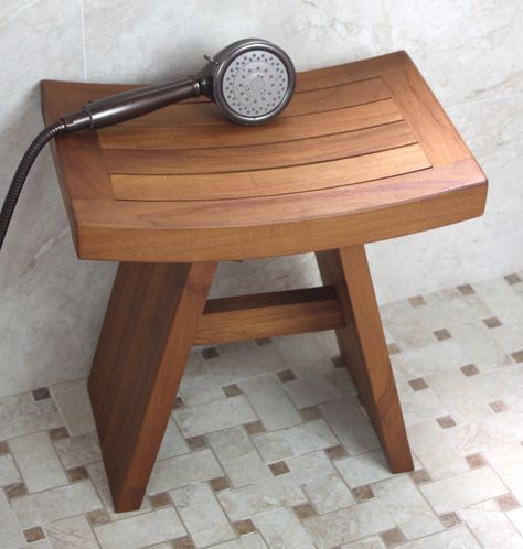 No built in shower bench? Use a teak shower stool. Teak Shower Seat, Teak Shower Stool, Meditation Stool, Wood Shower Bench, Teak Shower Bench, Teak Patio Furniture, Beachfront Decor, Shower Stool, Wood Bath