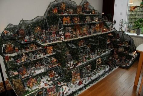 Ways To Display Christmas Village, Display Christmas Village, Dickens Village Display, Easter Village, Christmas Village Collections, Village Ideas, Fun Holidays, Lemax Village, Christmas Village Sets