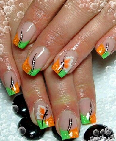 Orange Green And White Nails, Mint And Orange Nails, Orange And Lime Green Nails, Green And Orange Nail Designs, Orange And Green Nail Designs, Green And Orange Nails, Orange And Green Nails, Nail Art Creative, Nurse Nails